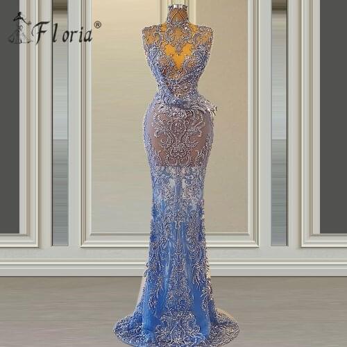 Hot Sell Sweet Light Blue Lace Beaded Mermaid Evening Gown 2021 For Muslim Women Formal Party Dress Long Prom Dresses Custom