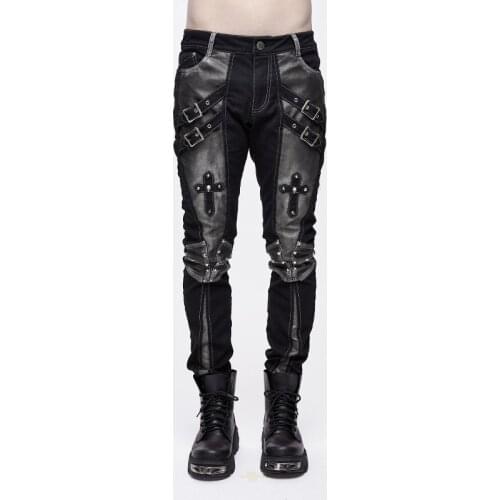 Devil Fashion Punk Rock Trousers Men Metal Buckets Cross Black Long Pants Men Rivets Casual Pants
