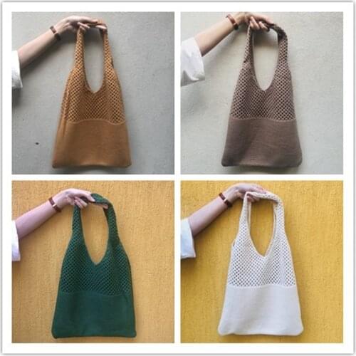 2021 New Women Knitting Bag Hollow Out Solid Color Large Capacity Shoulder Bag Fashion Casual Wool Knit Tote Bag Handbag