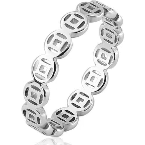 WANGAIYAO New Creative Titanium Steel Hollow Bronze Coin Ring Womens Fashion Fortune and Treasure Coins Womens Day Gifts