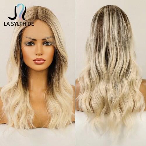 La Sylphide Synthetic Lace Front Wigs Long Wavy Root Brown Ombre Blonde Lace Wig Middle Part for Women Nature Hair for Daily