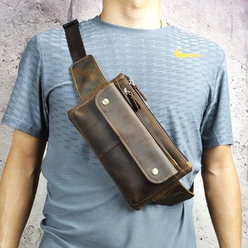 Vintage Men Crazy Horse Cowhide Waist Packs Fanny Pack Chest Bag Messenger Shoulder Bags Purse Pouch