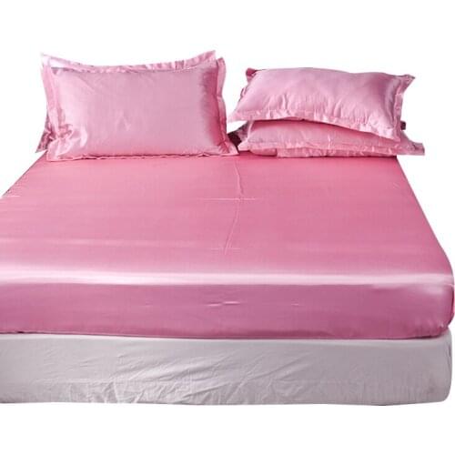 Pink Satin Ice Silk Fitted Sheet Bed Sheet Women Mattress Cover with Elastic Band Single Double Queen Size 1pcs Bedsheet Luxury
