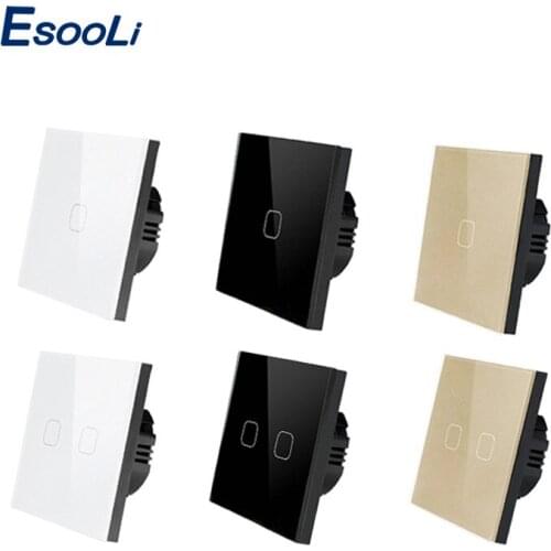 EsooLi EU/UK standard 1 Gang 1 Way Touch Switch White Crystal Glass Panel Touch Switch Light Wall Only Touch Function Switch