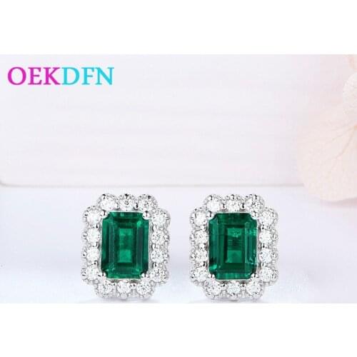 OEKDFN 100% 925 Sterling Silver Stud Earrings Emerald Created Moissanite Diamonds Gemstone Ear Studs Fine Jewelry Wholesale