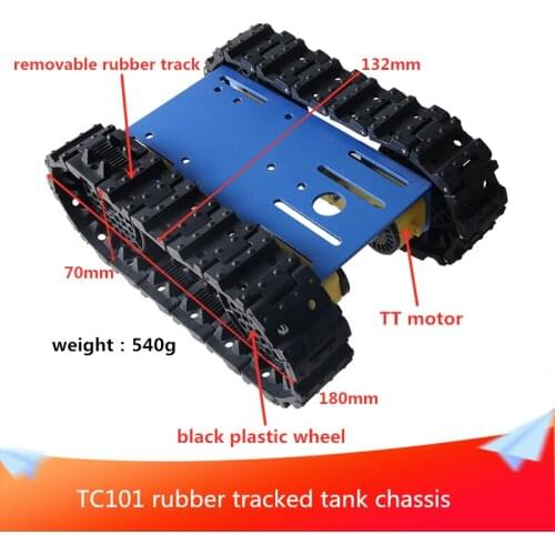 TC101 Rubber Tracked Tank Chassis with Black/Blue/Silver Aluminum Alloy Panel and Black/Red Plastic Wheels DIY Smart RC Toy Car
