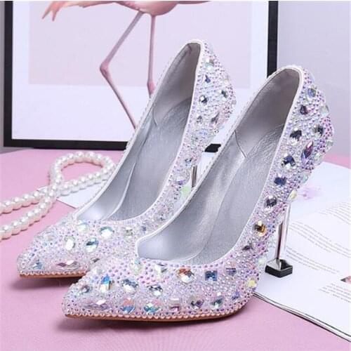 Women Pumps Ladies Wedding Thin High Heels Sequined Cloth Slip On Pointed Toe Dress Office Career Party Rhinestones Women Shoes