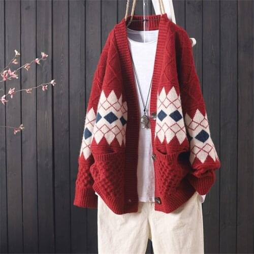 Knitted Cardigan Woman Autumn Long Sleeve Top Female Sweater Loose Red Geometric Patterns Oversized Cardigans Womens Coats