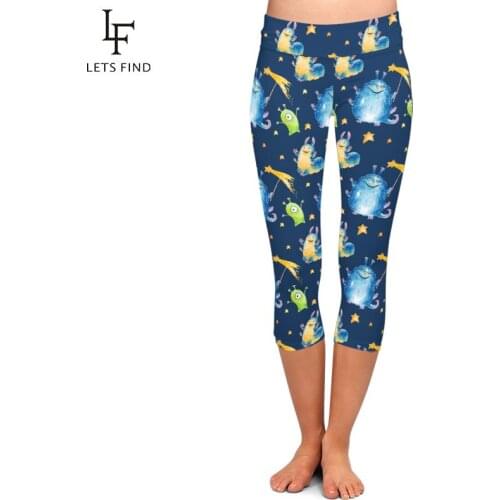 LETSFIND Fashion High Waist Plus Size Women Fitness Slim Mid-Calf Leggings Funny Aliens Print Comfortable Capri Leggings
