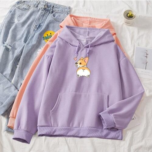 Women Pullovers Corgi Hoodies Cotton Long Sleeve Streetwear Harajuku Oversized Sweatshirt Autumn Cute Cartoon Dog Print Y2k Tops