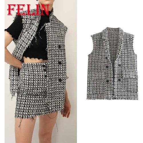 Women Vest Coats Za Plaid Print Fashion 2021 Sleeveless Jackets Women Pockets Loose Long Waistcoats Mujer Office Lady Outwear