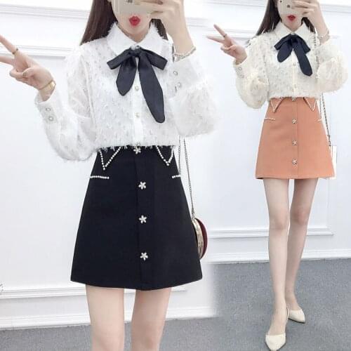2020 Summer Female Suit Lapel Long Sleeve Casual Shirt + Waist Thin Skirt Womens Two-Piece Suit womens clothing Two Piece B08