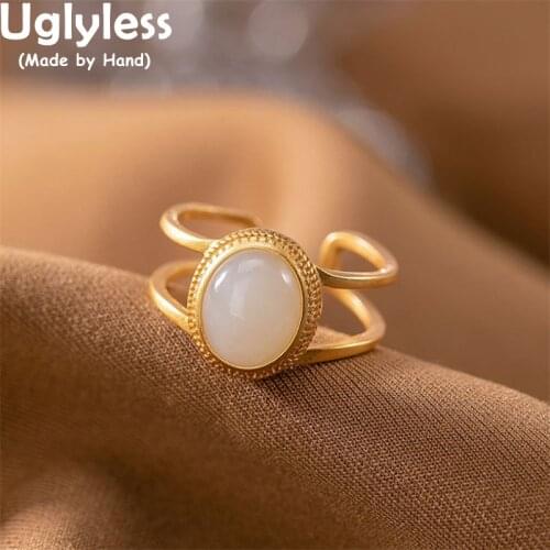 Uglyless Simple Fashion Perfect Round Gemstones Rings for Women Hollow Agate Jade Open Finger Ring 925 Silver Minimalist Jewelry