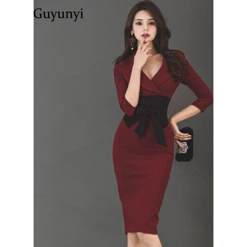 High Waist Tight Dress 2021 Autumn Wine Red Elegant Office Dress Simple Notched Collar 3/4 Sleeves Temperament Party Dress Women