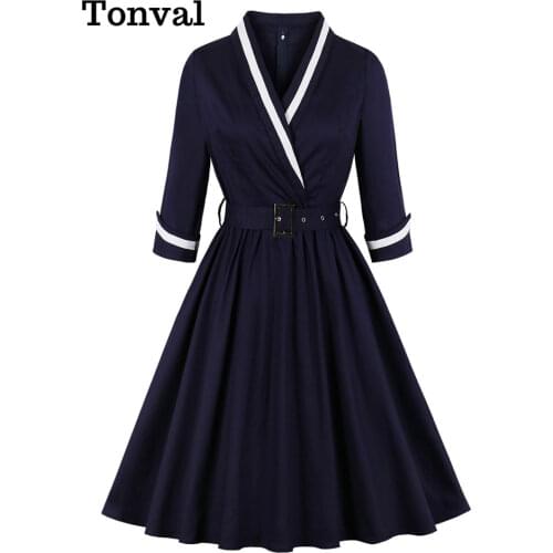 Tonval Vintage Style Wrap Belted Elegant Pleated Autumn Dress Women 2019 Winter 3/4 Length Sleeve Office Cotton Dresses