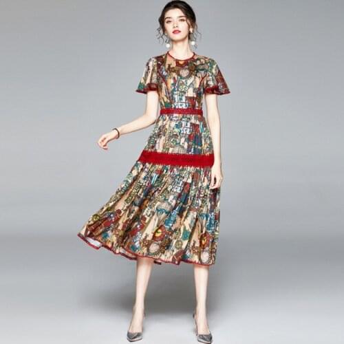 New 2021 Summer Women Casual Flower Printed Flare Sleeve O Neck Vintage Ladies Patchwork Slim A Line Party Dresses