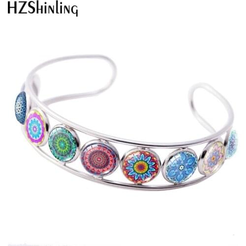 2019 New 003 Blue Kaleidoscope Mandala Cuff Bracelet Mandalas Art Pattern Bracelets Handmade Glass Dome Jewelry