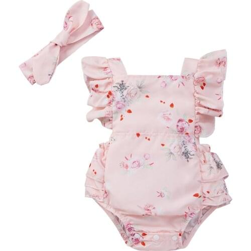 2021-03-12 Lioraitiin 2pcs Set 0-18M Newborn Infant Baby Girls Summer Outfit Cute Ruffle Sleeve Floral Print Romper Headband Set