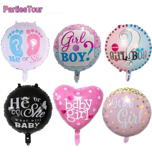 5PCS 18inch Gender Reveal Decors Balloons He or Her Round Heart 2d Helium Globos Baby Shower Party Supplies Boy Girl Foil Balons