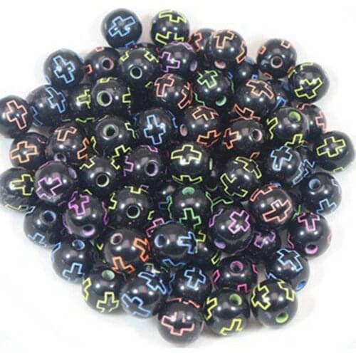 100 Black with Neon Cross Acrylic Round Beads 10mm Smooth Ball Kid Crafts