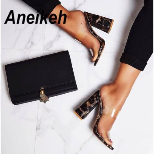 Aneikeh 2020 PVC Sweet Summer Fashion Ladies Slipper Transparent Shallow Square Hight Heel Women Shoes Wear For Outside Leopard
