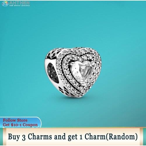 Ahthen 925 Sterling Silver Sparkling Levelled Hearts Charm fit Original Pandora Bracelets for Women Jewelry Making Birthday Gift