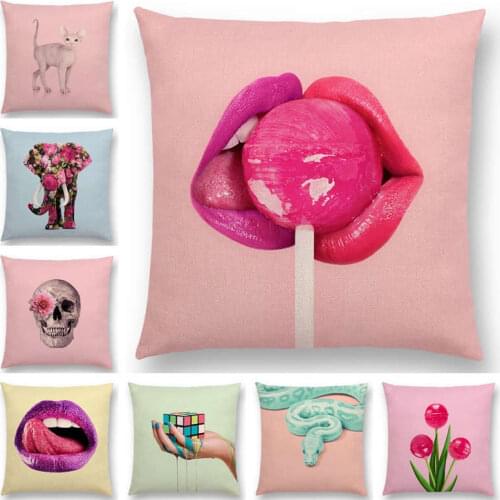 Hot Sale Pink Dream Colorful Fantasy Sexy Color Party Pigment World Lips Lollipop Cube Cat Snake Cushion Cover Sofa Pillow Case