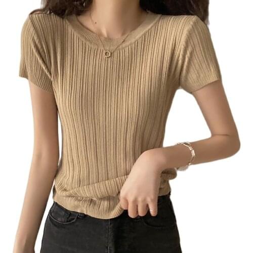 Camisetas Striped T Shirt Women Summer Tops 2021 Thin Knitted T-Shirt Short Sleeve Slim Woman Clothes Elasticity Tee Shirt Femme