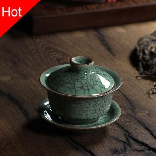 [GRANDNESS] Longquan Celadon Porcelain Gaiwan China Teacups Crackle Glaze TeaPot Drinkware 150ml