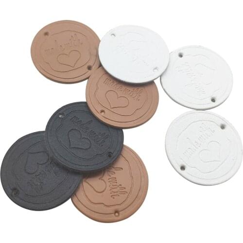 48Pcs 25Mm Hand Made With Love Round Pu Leather Labels For Gift Handmade Sewing Tags With Love Heart Hand Made Clothes Label