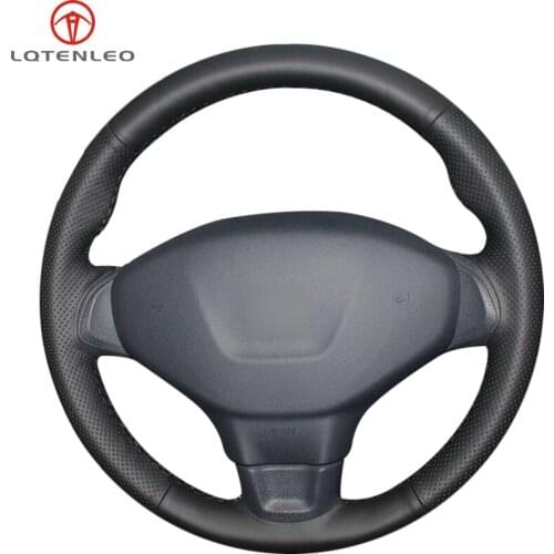 LQTENLEO Black Genuine Leather Hand-stitched Car Steering Wheel Cover For Peugeot 301 2014 2015 2016 2017 2018 2019