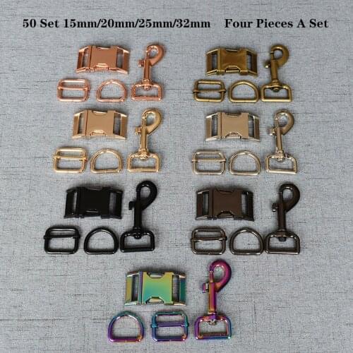 50 Set (A) 15mm/20mm/25mm/32mm Metal D Ring+Snap Hook+Adjustable+Release Buckle DIY Dog Collar and Leash Accessories 4JT7826L