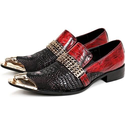 Alligator Leather Metal Toe Men Shoes With Gold Chain Buckle Party Men Dress Wedding Loafers Shoes