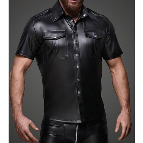 Men PU Faux Leather Shirts Men Sexy Fitness Tops Gay Shirt Tees Mens Stage Top Tee Pocket Turn Down Collar Sexy Men Clubwear