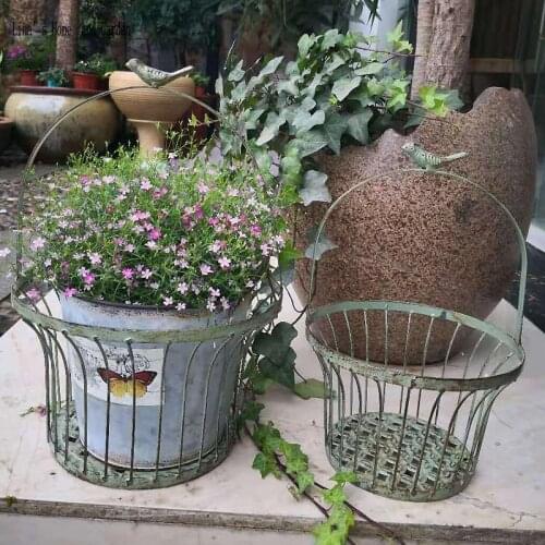 Set 2 pieces handmade rustic retro metal flower arrangements basket