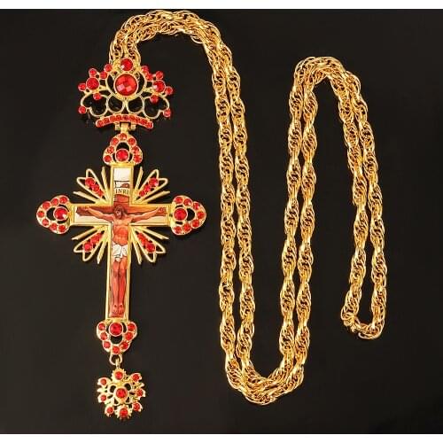 Pectoral Cross Orthodox Necklace Jesus Crucifix Pendants Filled With Red Crystals Religious Necklace Jewelry Pastor Prayer Items