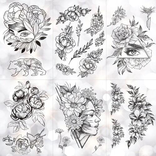 Geometric Flower Rose Eye Leaves Waterproof Temporary Tattoo Sticker Diamond Peony Black Tattoos Body Art Arm Fake Tatoo