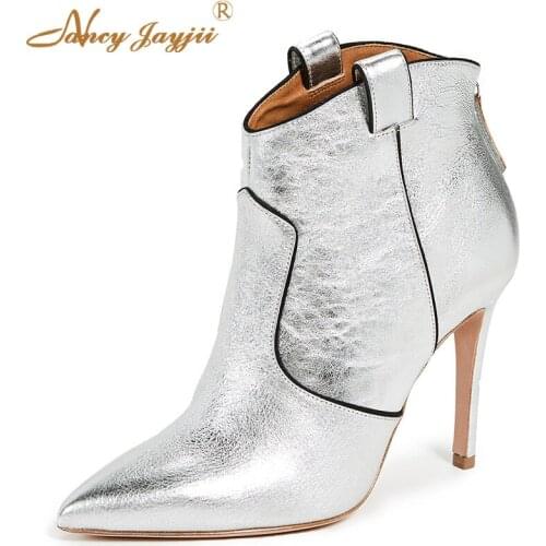 Loretta Woman Ankle Boots Ladies Bota Female Shoes Silver 2021 Autumn Winter Fashion Luxury Sexy Casual Back Zipper Size 45 44