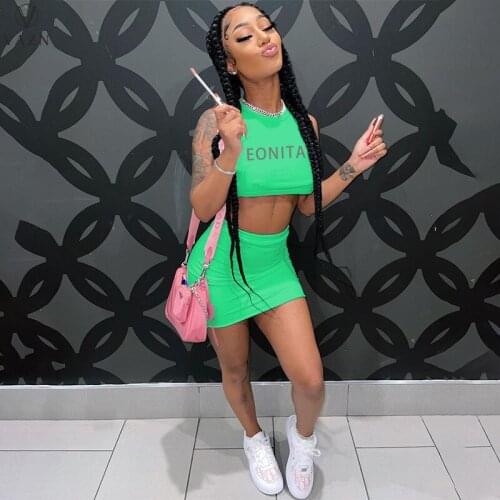 VAZN 2021 New Letter Simple Sexy Energy Sweet Young Tank Top Group Mini Skirts Skinny Women 2 Piece Set