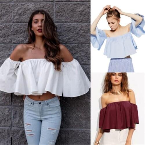 New Fashion Sexy Shoulderless Flare Sleeve Tops Off shoulder Shirt Crop Top Cropped