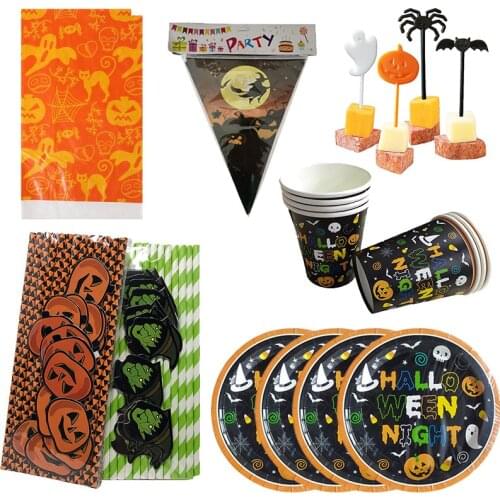Halloween Party Disposable Tableware Decoration for Home Pumpkin Straws Cake Toppers Plate Cup Halloween Party Supplies kw17