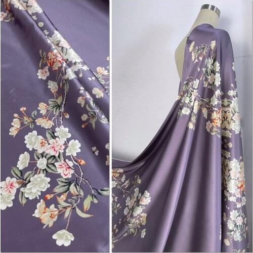 125 x 118cm Silk Fabric Cheongsam Dress Horse Skirt Stretch Printing Positioning Pear Kingfisher Lotus Root Purple