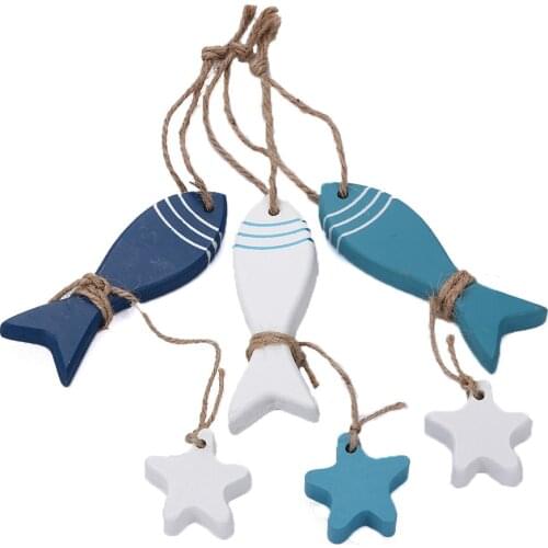 Fashion Random Color Mediterranean Style Wood Decorated Beautiful Fish Nautical Decor Wooden Starfish Marine Pendant Fish Skewer
