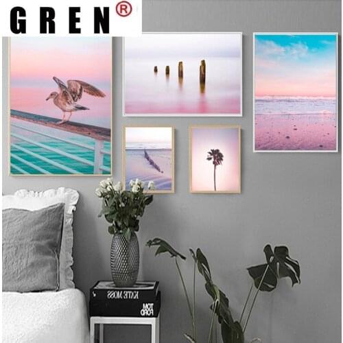 GREN Pink Purple Beach Ocean Canvas Poster Print Sunrise Coconut Landscape Art Painting Seascape Picture Wall Decor