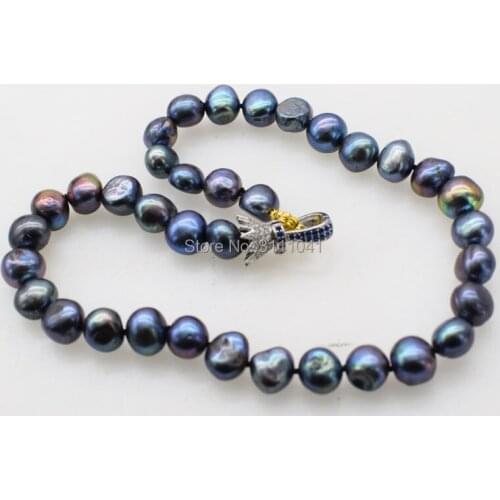 Freshwater pearl black baroque 8-12mm 17inch wholesale nature beads FPPJ blue zircon hook