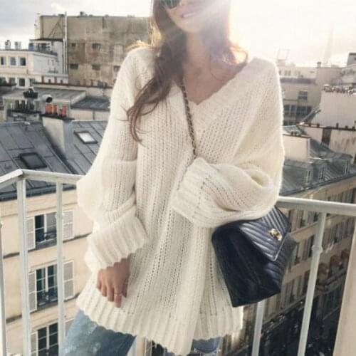 Pullover For Women Long Sleeve V-neck Solid Loose Sweater 2019 New Autumn Winter Fashion Ladies Wild Joker Sexy Hollow Knit Tops