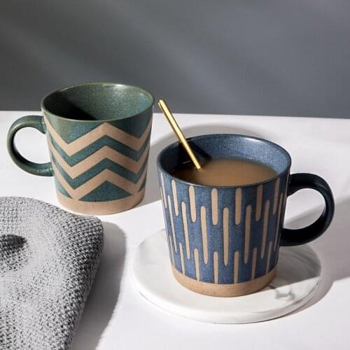 Retro Stoneware Coffee Cup With Golden Spoon Underglaze Color Japanese Minimalist Lines Couples Gift Office Home Milk Mug