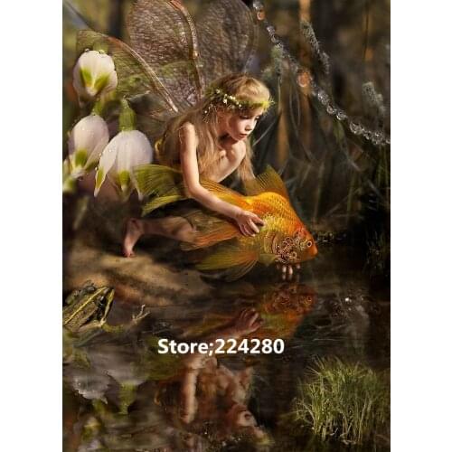 Needlework.embroidery,DIY 14CT Unprinted The girls released goldfish Cross stitch kits scenery Cross-Stitching decor crafts