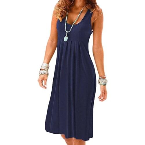 Summer Women Suspenders Dress Casual Loose Solid Color O-Neck Beach Sundress Printing Sleeveless Dresses Clothing