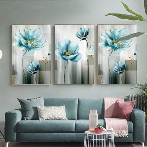 Nordic Abstract Blue Flower Canvas Painting Scandinavian Cuadros Prints and Poster Wall Art Pictures for Living Room Home Decor